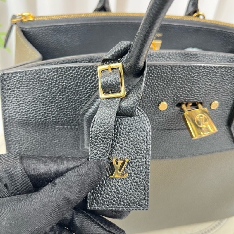 LV路易威登 City Steamer系列黑拼軍綠色牛皮手提單肩斜挎包 容量超級大 外出日常都適合-14