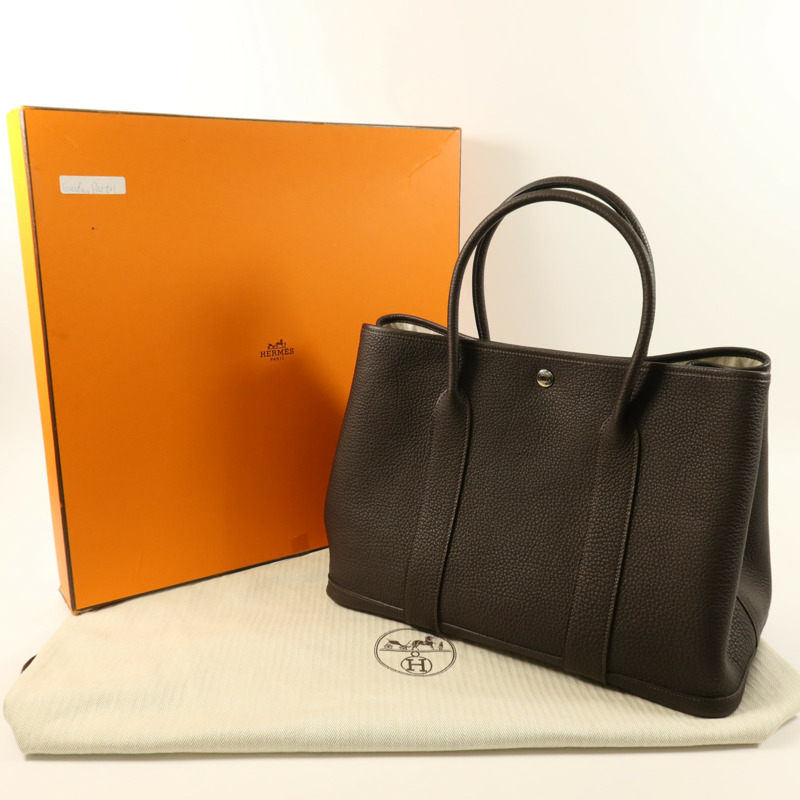 HERMES Negonda皮革Garden Party PM銀扣手挽袋 Chocolat-13