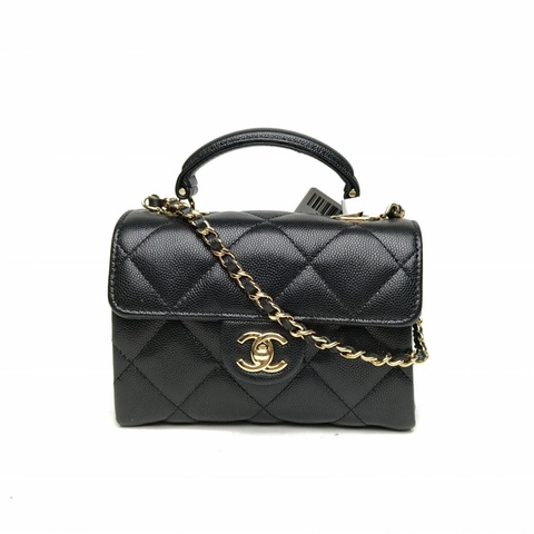 CHANEL 黑色荔枝牛皮淺金扣25S手柄牛奶盒子包肩背包