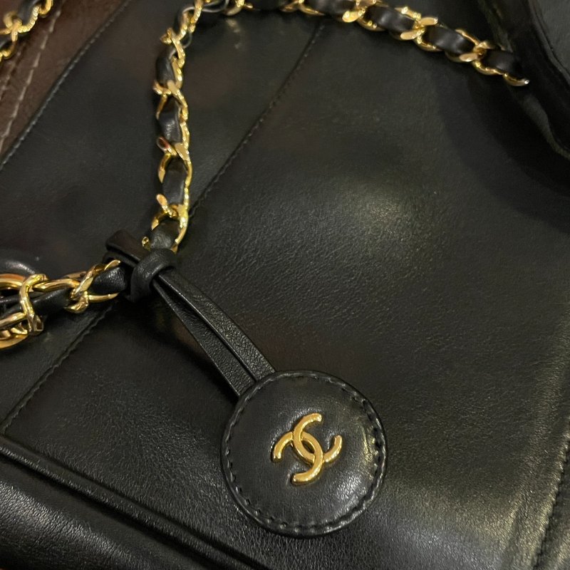 vintage CHANEL 古董香奈兒 黑色真皮拼接菱格紋皮穿鍊托特包 肩背包 大容量-3