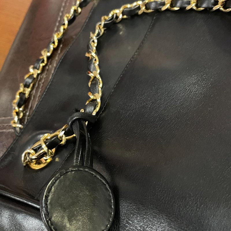 vintage CHANEL 古董香奈兒 黑色真皮拼接菱格紋皮穿鍊托特包 肩背包 大容量-4