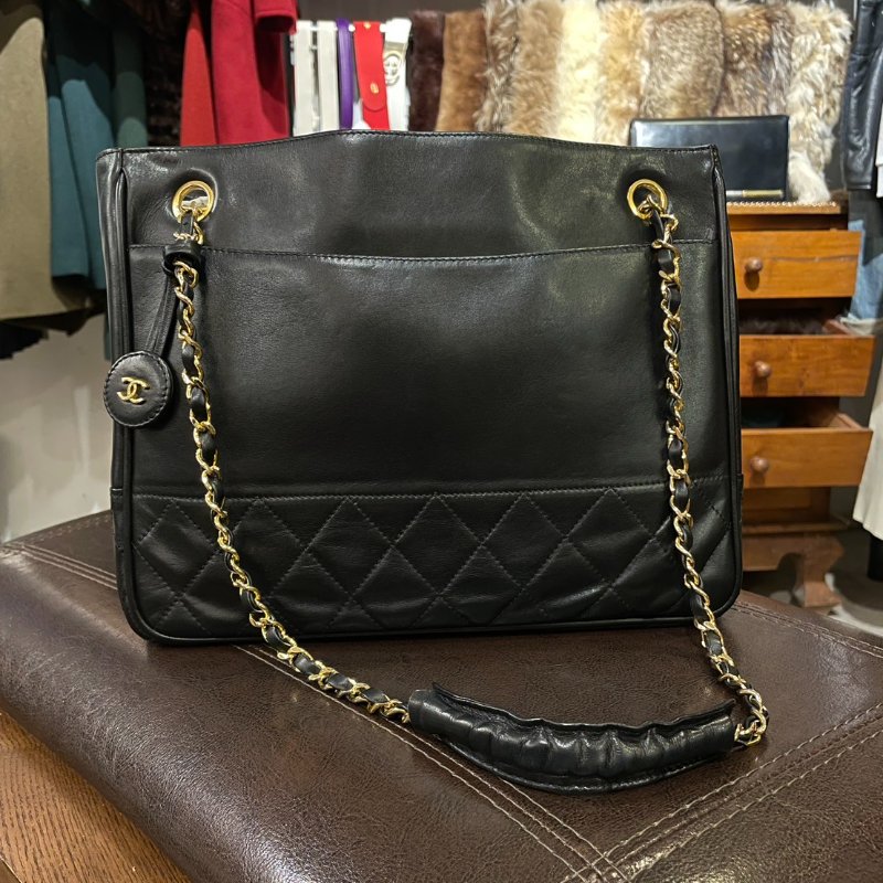 vintage CHANEL 古董香奈兒 黑色真皮拼接菱格紋皮穿鍊托特包 肩背包 大容量-5