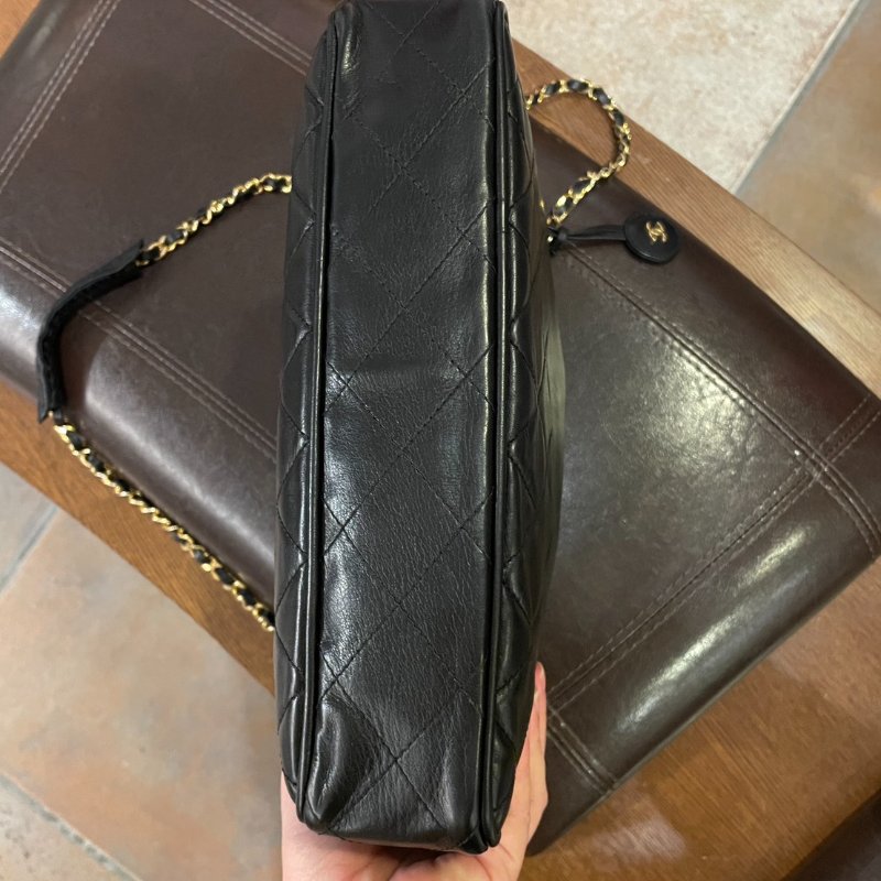 vintage CHANEL 古董香奈兒 黑色真皮拼接菱格紋皮穿鍊托特包 肩背包 大容量-7