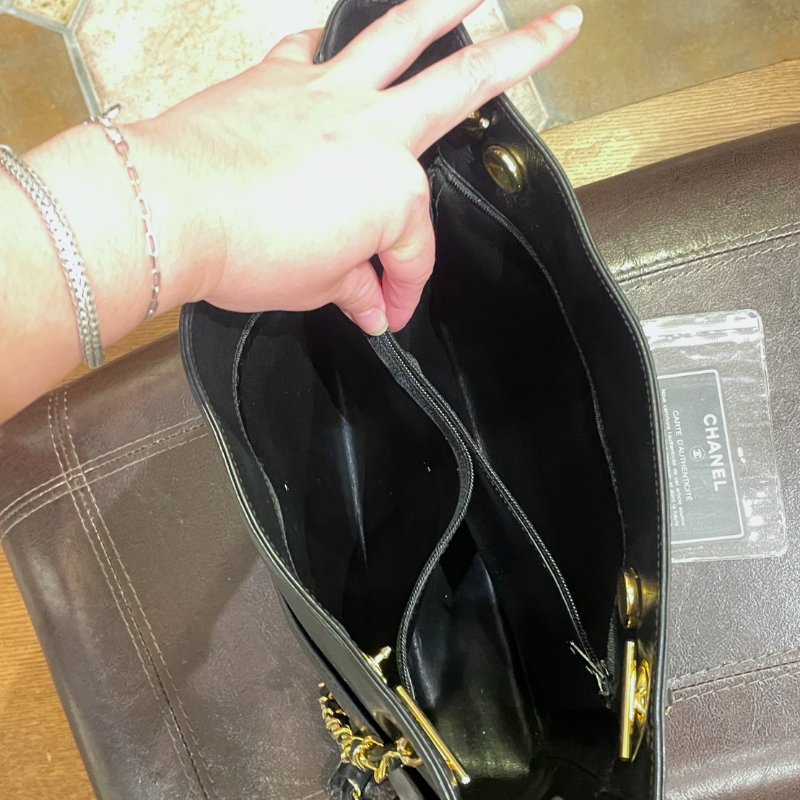 vintage CHANEL 古董香奈兒 黑色真皮拼接菱格紋皮穿鍊托特包 肩背包 大容量-9