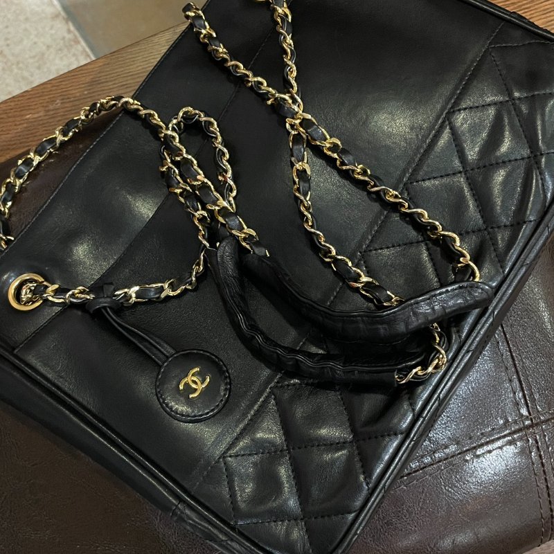 vintage CHANEL 古董香奈兒 黑色真皮拼接菱格紋皮穿鍊托特包 肩背包 大容量-11
