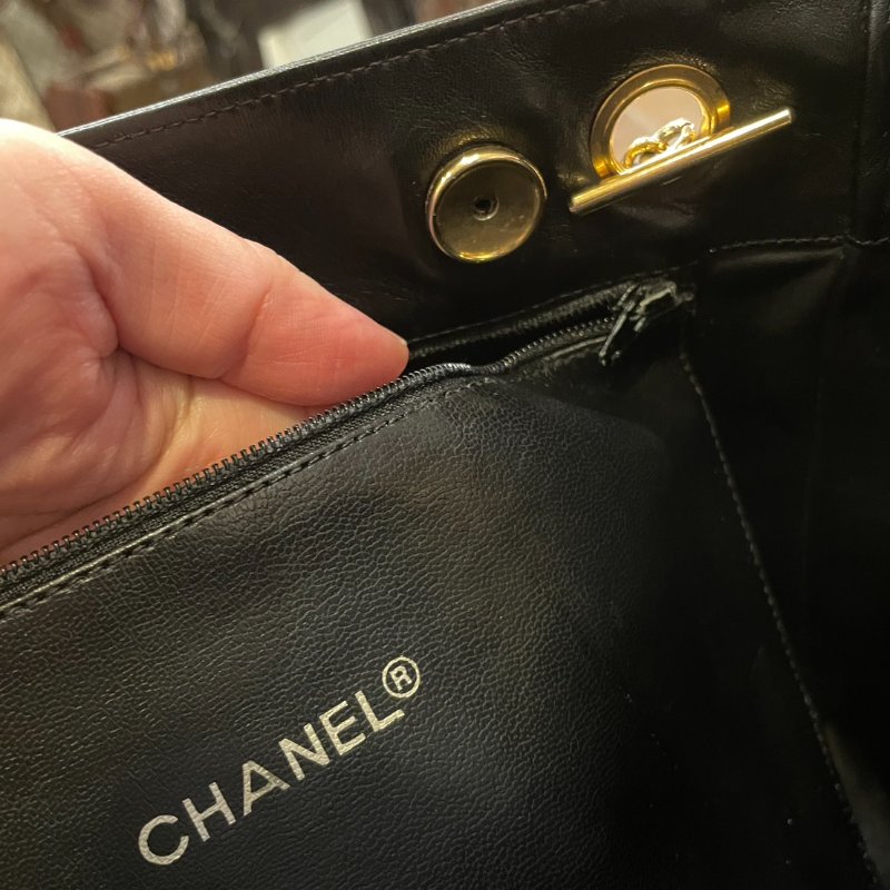 vintage CHANEL 古董香奈兒 黑色真皮拼接菱格紋皮穿鍊托特包 肩背包 大容量-13