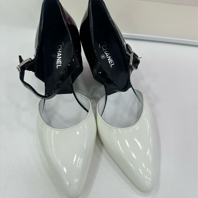Chanel香奈兒 黑白熊貓色異形粗跟搭扣高跟鞋單鞋尖頭鞋女鞋 37.5碼 閒置-5