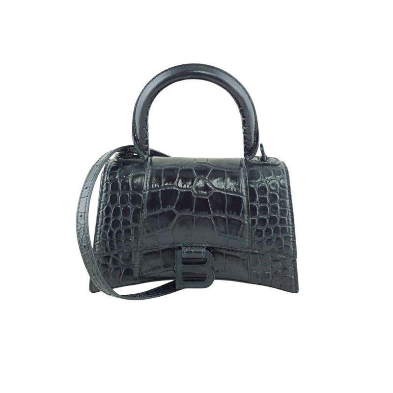 BALENCIAGA 巴黎世家 Hourglass XS 黑色啞光鱷魚壓紋迷你沙漏包 手提包 斜背包-0