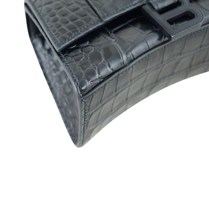 BALENCIAGA 巴黎世家 Hourglass XS 黑色啞光鱷魚壓紋迷你沙漏包 手提包 斜背包-7