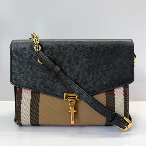 BURBERRY 巴寶莉 經典格紋帆布拼黑色牛皮斜背包 BABY MACKEN CHAIN SHOULDER
