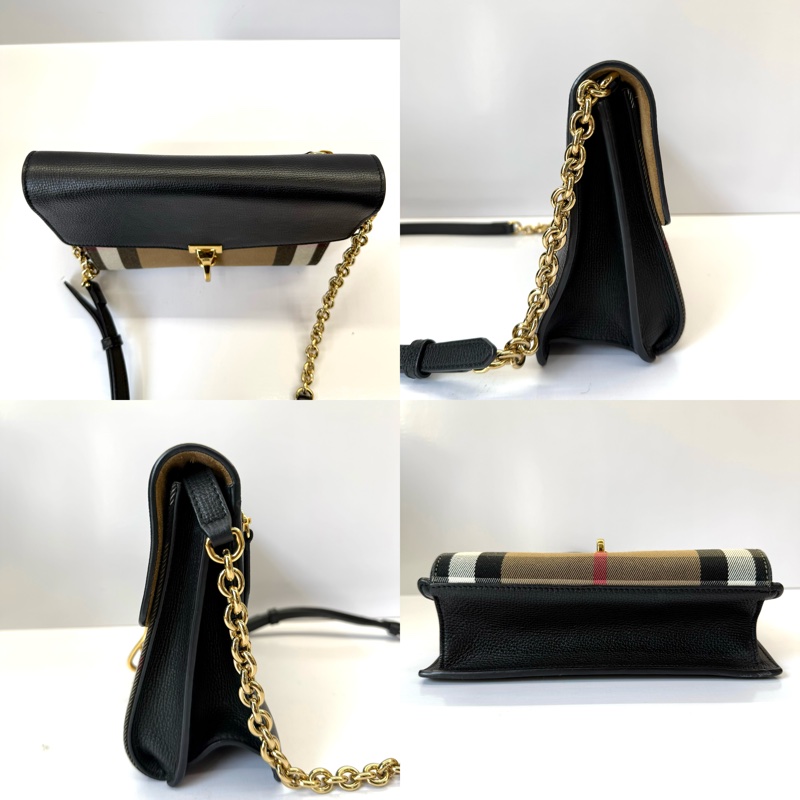 BURBERRY 巴寶莉 經典格紋帆布拼黑色牛皮斜背包 BABY MACKEN CHAIN SHOULDER-3