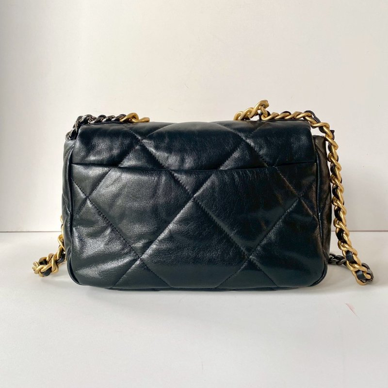 CHANEL 19系列 黑色 小羊皮 金釦 雙色鍊 26cm 保卡款 手提 斜挎 小號 口蓋包 AS1160-1
