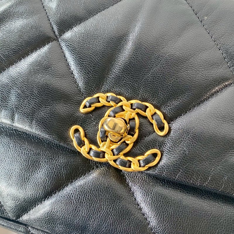 CHANEL 19系列 黑色 小羊皮 金釦 雙色鍊 26cm 保卡款 手提 斜挎 小號 口蓋包 AS1160-7