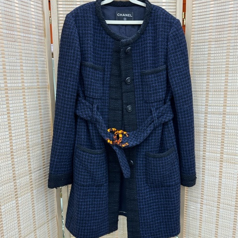 Chanel香奈兒 黑藍千鳥格紋tweed coat編織大衣外套 琥珀雙C腰帶 40碼