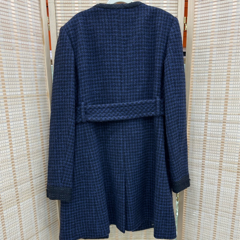 Chanel香奈兒 黑藍千鳥格紋tweed coat編織大衣外套 琥珀雙C腰帶 40碼-1