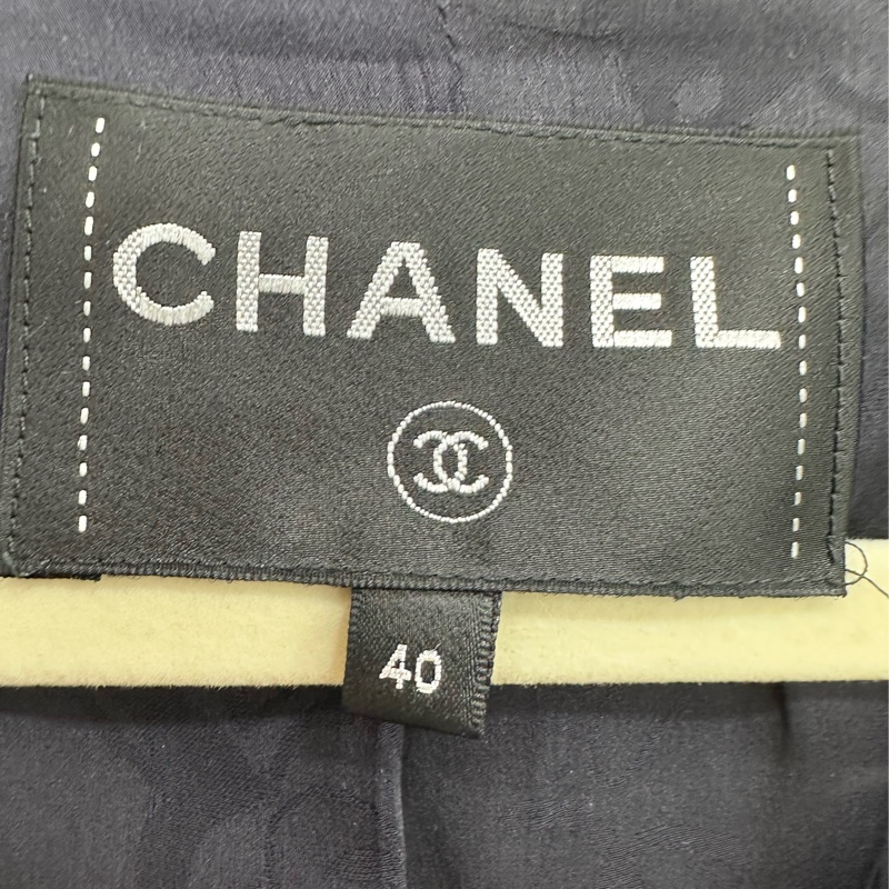 Chanel香奈兒 黑藍千鳥格紋tweed coat編織大衣外套 琥珀雙C腰帶 40碼-3