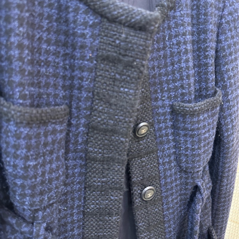 Chanel香奈兒 黑藍千鳥格紋tweed coat編織大衣外套 琥珀雙C腰帶 40碼-4