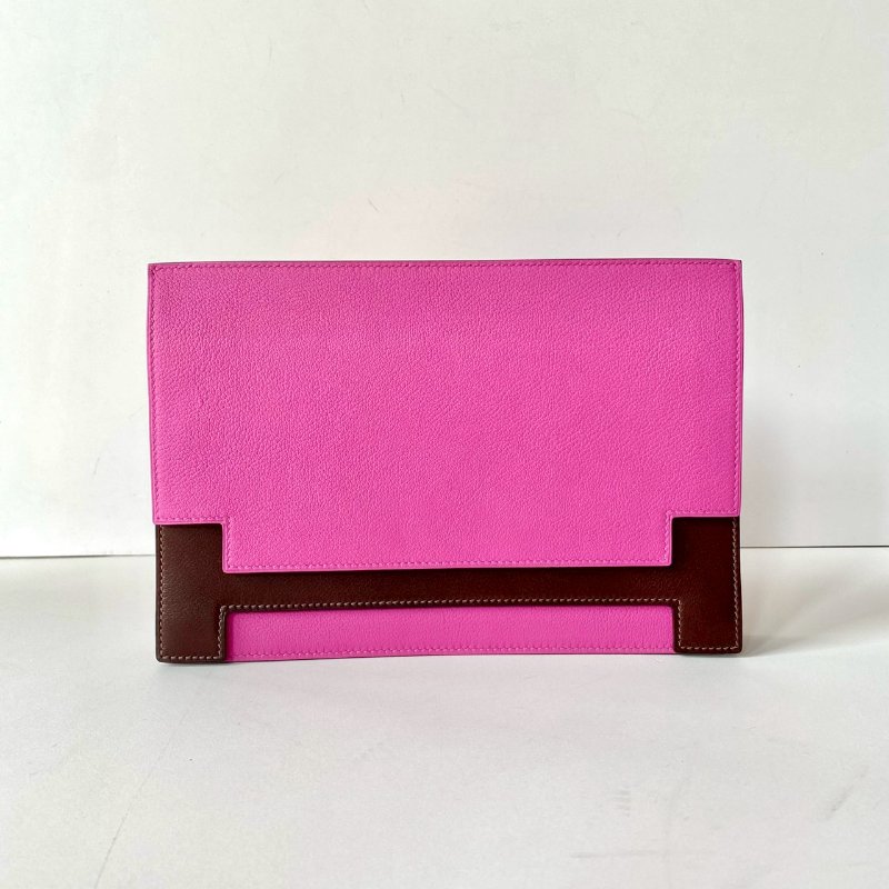 HERMES Multiplis 9i 玉蘭粉 拼 深棕色 EC皮 翻蓋 手拿包 A刻-0