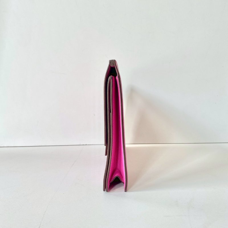 HERMES Multiplis 9i 玉蘭粉 拼 深棕色 EC皮 翻蓋 手拿包 A刻-2