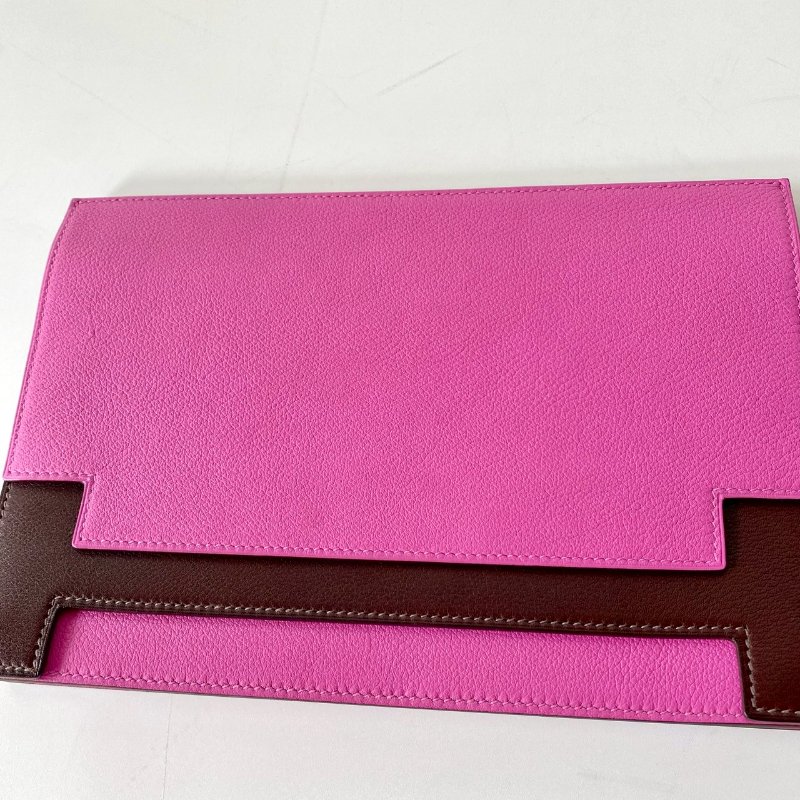 HERMES Multiplis 9i 玉蘭粉 拼 深棕色 EC皮 翻蓋 手拿包 A刻-4