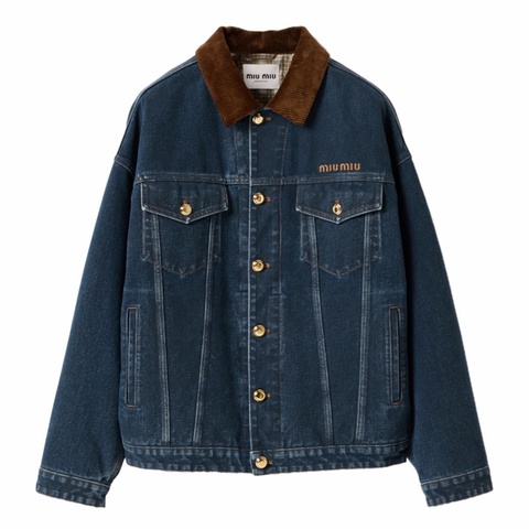 Miu Miu 女士 植絨牛仔布和天鵝絨寬松夾克IT-36 IT-38 IT-40 IT-42碼模特身高180CM，穿38碼