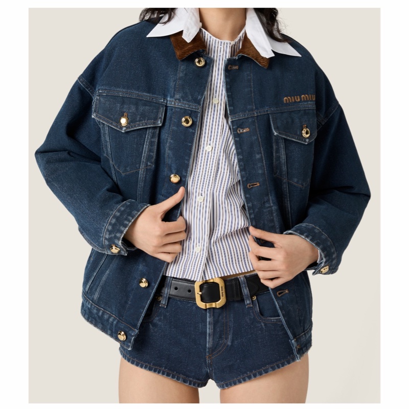 Miu Miu 女士 植絨牛仔布和天鵝絨寬松夾克IT-36 IT-38 IT-40 IT-42碼模特身高180CM，穿38碼-2