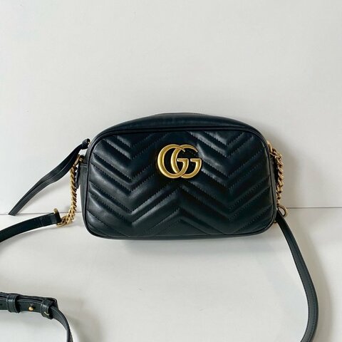 Gucci Marmont 黑色 中款 24 金GG 拉鍊 斜側背 相機包 447632