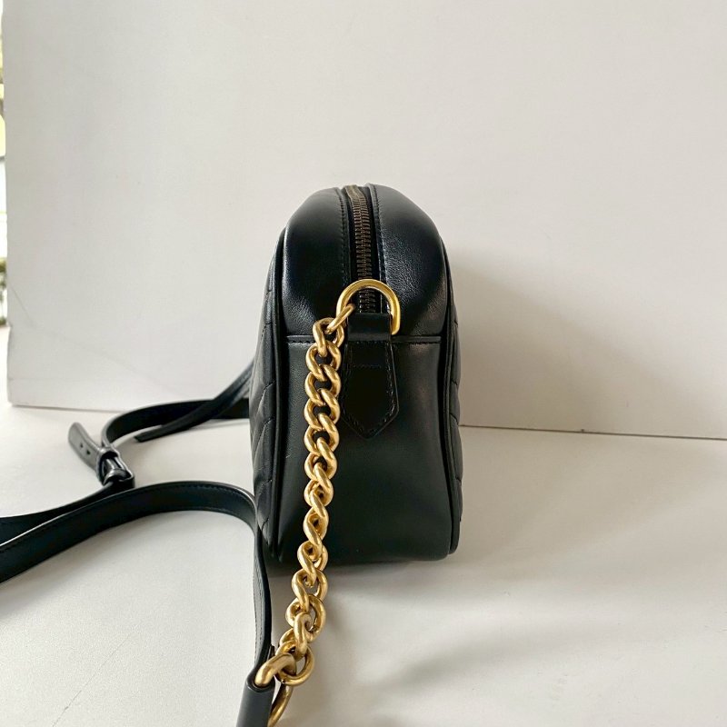 Gucci Marmont 黑色 中款 24 金GG 拉鍊 斜側背 相機包 447632-2