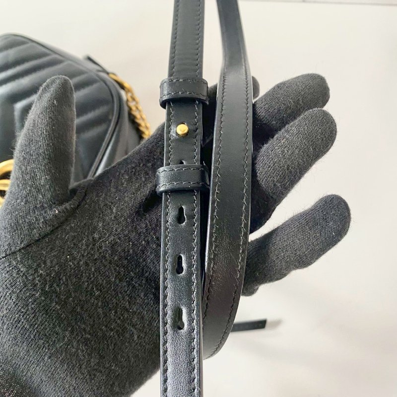 Gucci Marmont 黑色 中款 24 金GG 拉鍊 斜側背 相機包 447632-3