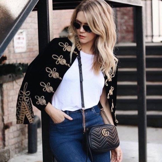 Gucci Marmont 黑色 中款 24 金GG 拉鍊 斜側背 相機包 447632-7