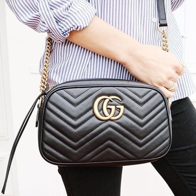 Gucci Marmont 黑色 中款 24 金GG 拉鍊 斜側背 相機包 447632-8