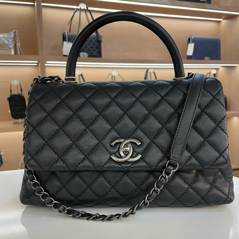 CHANEL+香奈儿+cocohandle+黑色菱格纹牛皮银扣手提单肩斜挎包