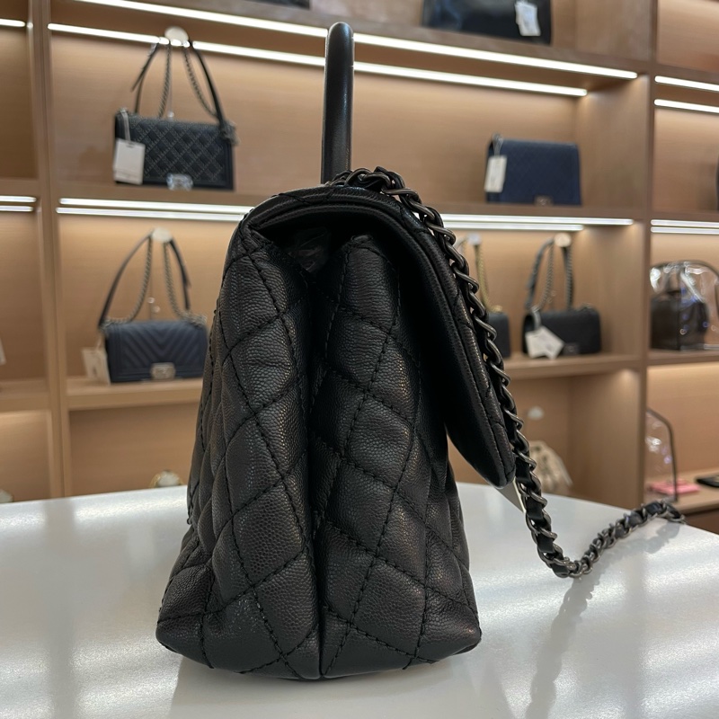 CHANEL+香奈儿+cocohandle+黑色菱格纹牛皮银扣手提单肩斜挎包-2
