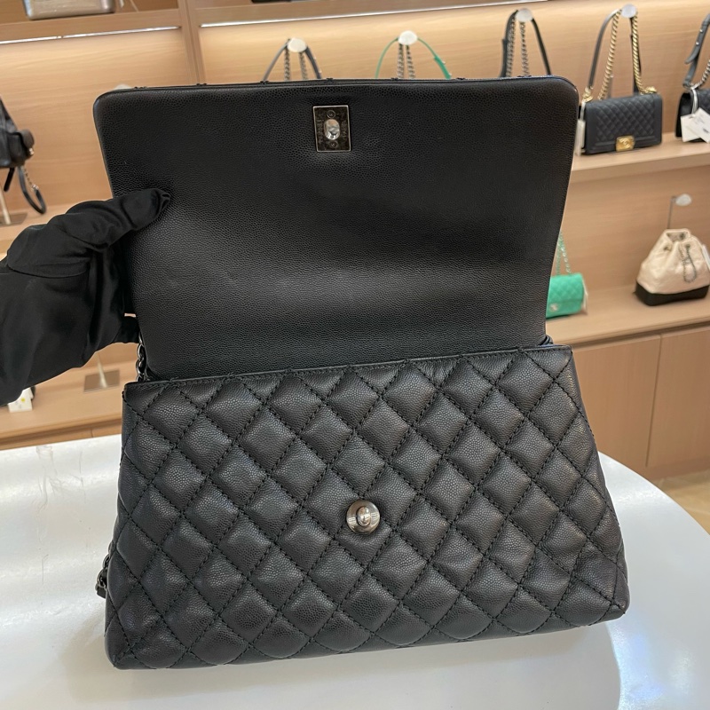 CHANEL+香奈儿+cocohandle+黑色菱格纹牛皮银扣手提单肩斜挎包-3