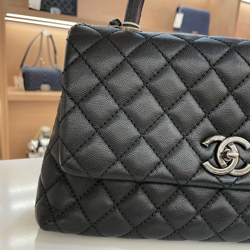 CHANEL+香奈儿+cocohandle+黑色菱格纹牛皮银扣手提单肩斜挎包-4