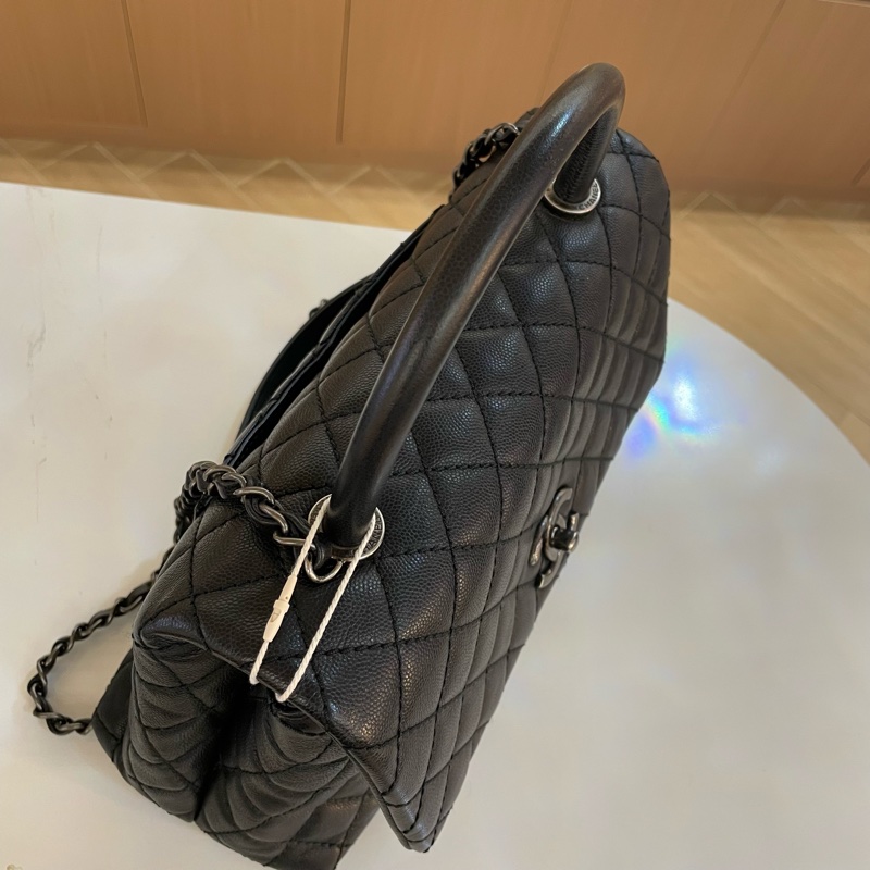 CHANEL+香奈儿+cocohandle+黑色菱格纹牛皮银扣手提单肩斜挎包-6