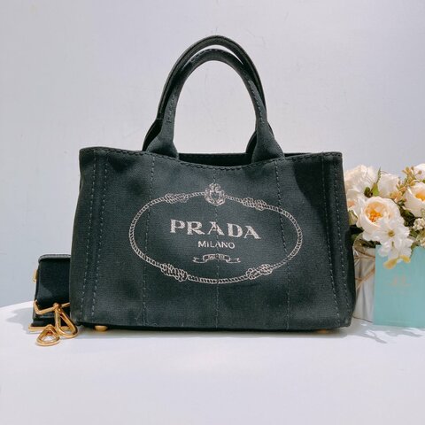 TW4750 Prada 普拉達 小號黑色帆布手提包 Handle With Chain Bag Black