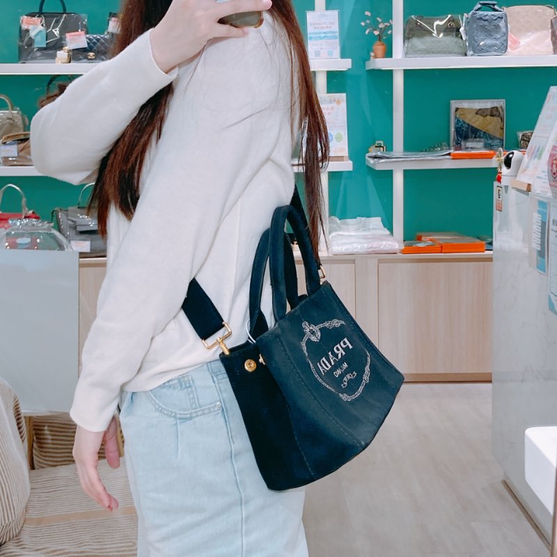 TW4750 Prada 普拉達 小號黑色帆布手提包 Handle With Chain Bag Black-13