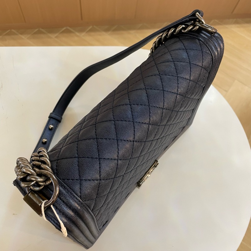 CHANEL香奈儿 Leboy 大號 菱格纹蓝色單肩斜挎链条包-6