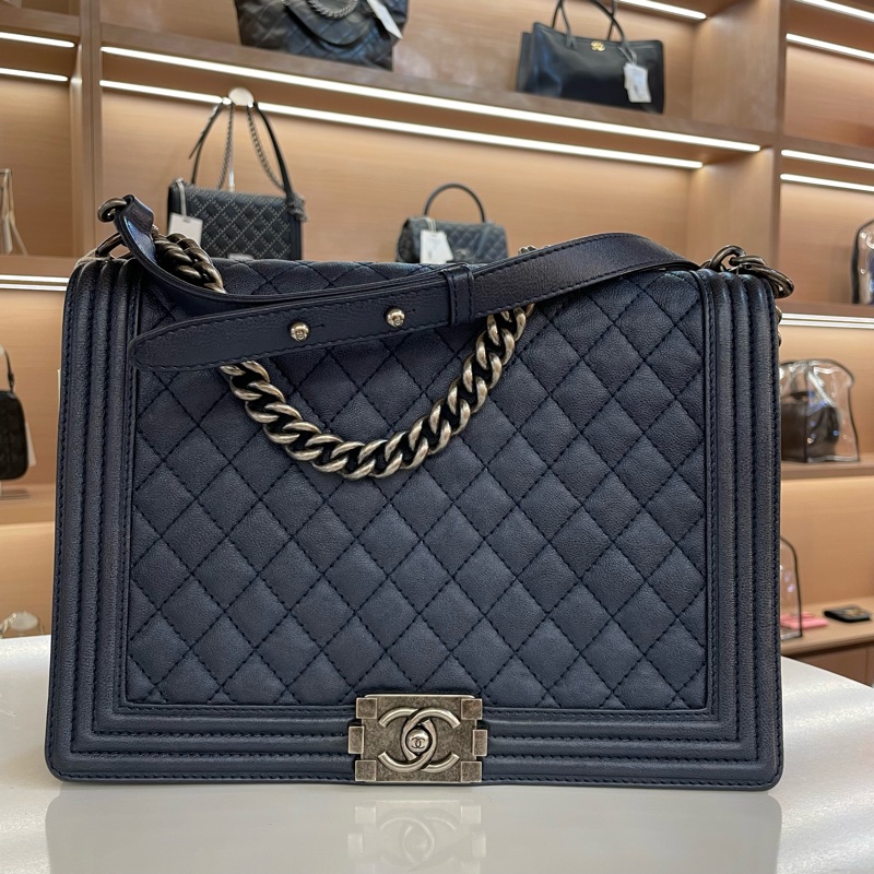 CHANEL香奈儿 Leboy 大號 菱格纹蓝色單肩斜挎链条包-7