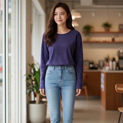 BURBERRY 藍標 紫色橫條戰馬棉質上衣