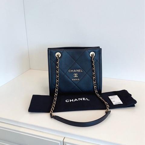 【閒置全膜🆕】Chanel 黑金牛皮大菱格🍞小方包琴譜托特 Tote 小號 small 單件包