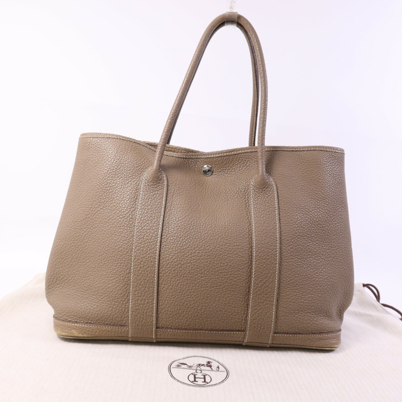 HERMES Clemence皮革GardenParty PM銀扣手挽袋Etoupe-9