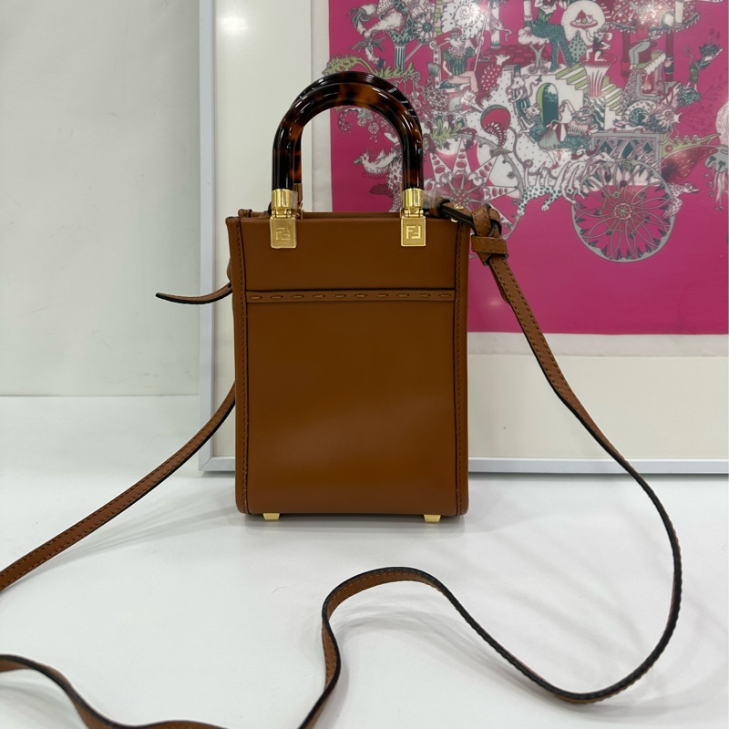 FENDI mini陽光托​​特，焦糖色玳瑁手柄，經典ROMA大logo-1