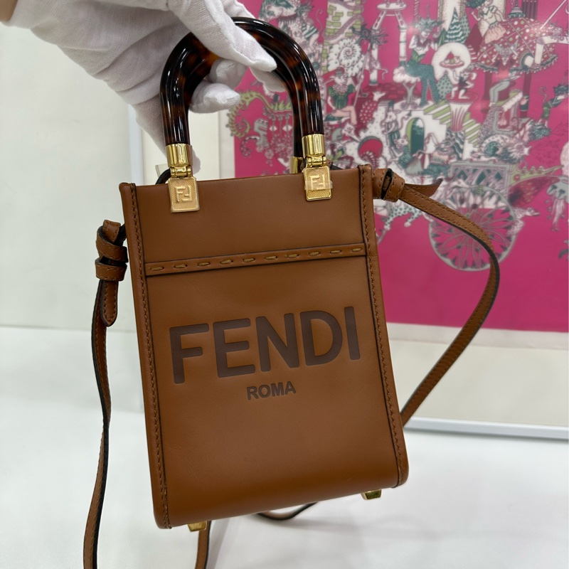 FENDI mini陽光托​​特，焦糖色玳瑁手柄，經典ROMA大logo-4