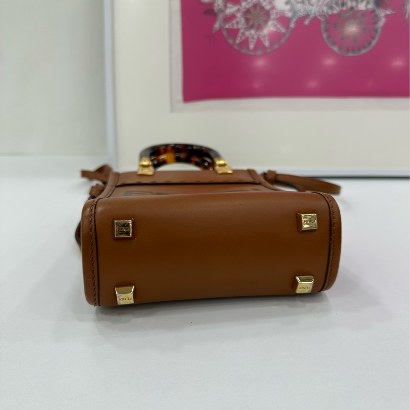FENDI mini陽光托​​特，焦糖色玳瑁手柄，經典ROMA大logo-5