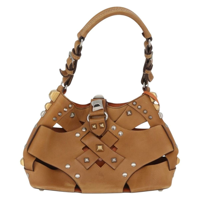 【日本直送】PRADA 鉚釘肩背包 皮革塑膠 棕色 銀色 正品 172906SAV-1