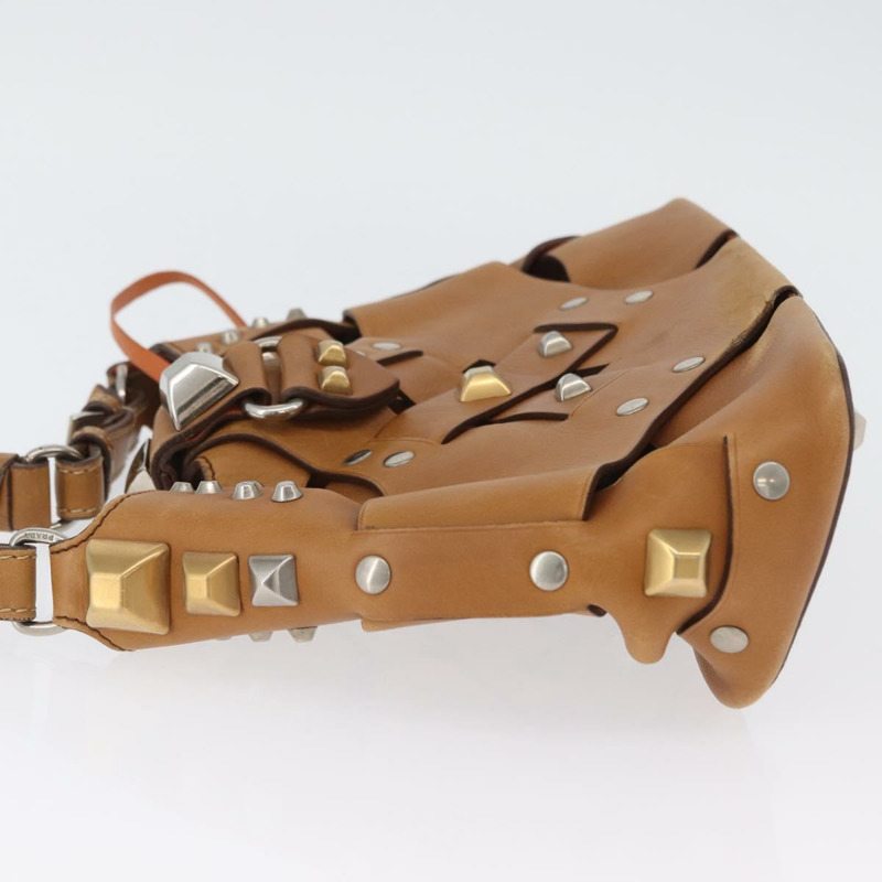 【日本直送】PRADA 鉚釘肩背包 皮革塑膠 棕色 銀色 正品 172906SAV-3