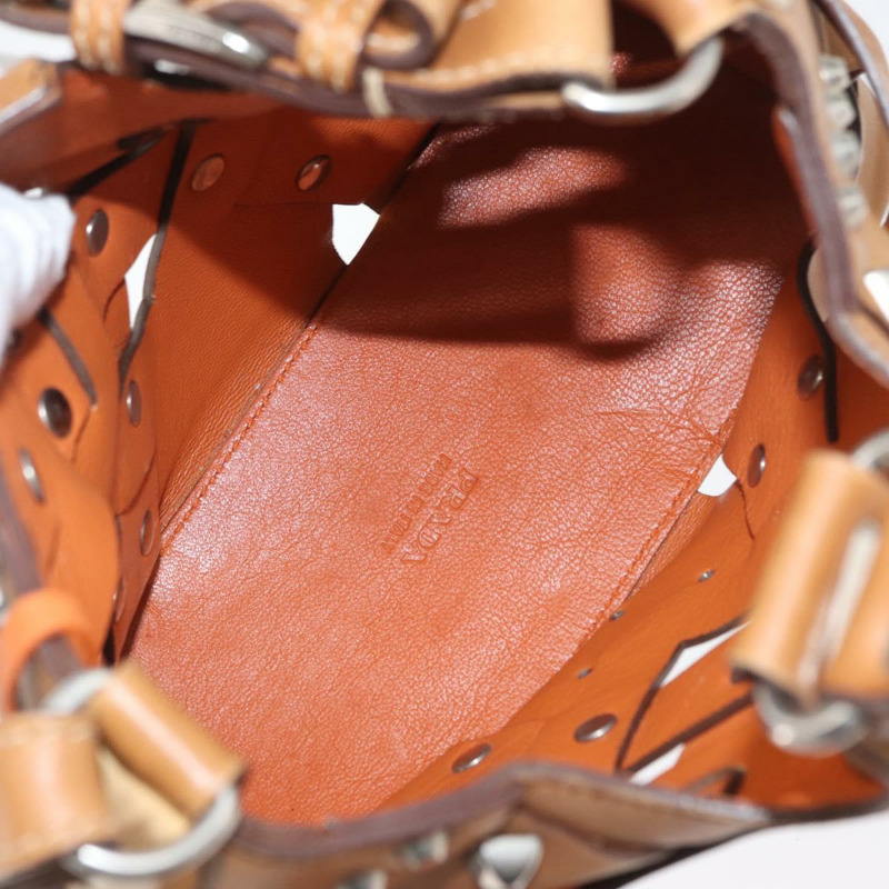 【日本直送】PRADA 鉚釘肩背包 皮革塑膠 棕色 銀色 正品 172906SAV-9