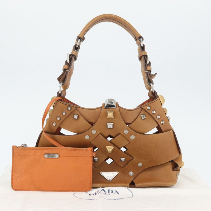 【日本直送】PRADA 鉚釘肩背包 皮革塑膠 棕色 銀色 正品 172906SAV-11